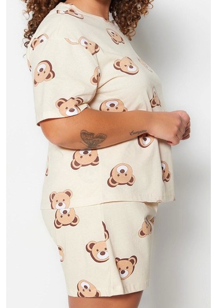 Tarz Rahat Büyük Beden Kısa Kollu Geniş Paça Ayıcık Baskılı Pamuklu Örme Pijama Takımı fırsatları