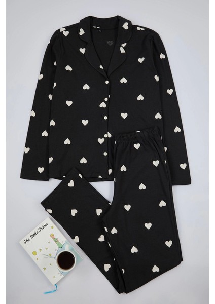 Tarz Rahat Uzun Kollu Boru Paça Pamuklu Kalp Desenli Örme Pijama Takımı