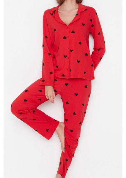 Tarz Rahat Uzun Kollu Boru Paça %100 Pamuklu Kalp Desenli Örme Pijama Takımı
