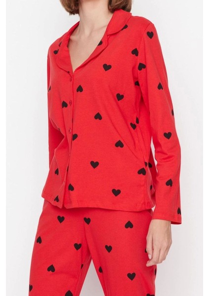 Tarz Rahat Uzun Kollu Boru Paça %100 Pamuklu Kalp Desenli Örme Pijama Takımı fiyatları