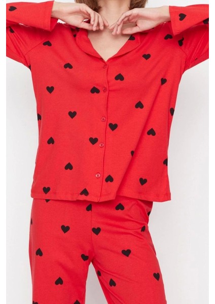 Tarz Rahat Uzun Kollu Boru Paça %100 Pamuklu Kalp Desenli Örme Pijama Takımı fırsatları