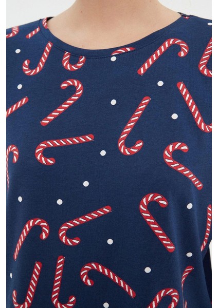 Tarz Rahat Uzun Kollu Boru Paça Pamuklu Yılbaşı Temalı Örme Pijama Takımı
