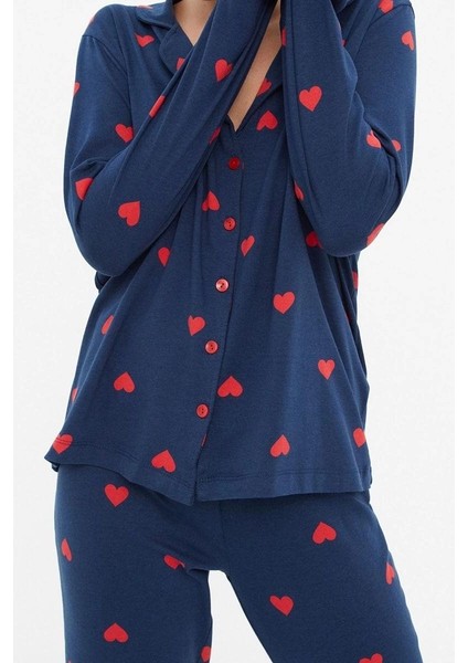 Tarz Rahat Uzun Kollu Boru Paça Pamuklu Kalp Desenli Örme Pijama Takımı