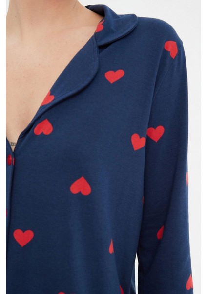 Tarz Rahat Uzun Kollu Boru Paça Pamuklu Kalp Desenli Örme Pijama Takımı