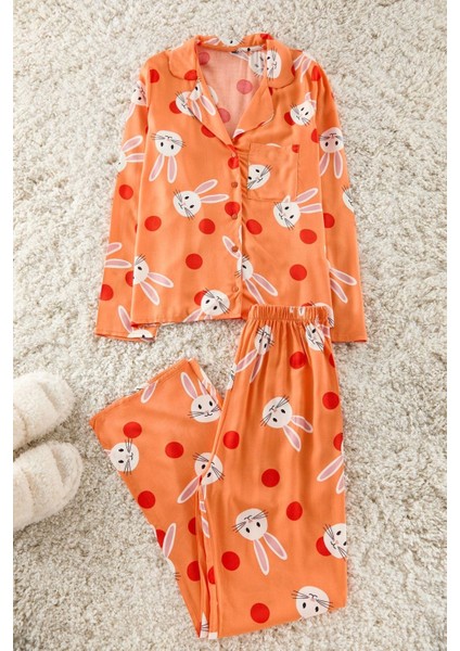 Tarz Rahat Uzun Kollu Boru Paça Tavşan Desenli Viskon Anne Kız Dokuma Pijama Takımı