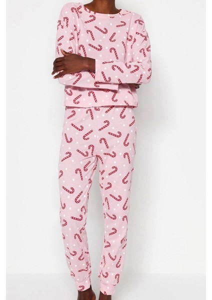 Tarz Rahat Uzun Kollu Boru Paça %100 Pamuklu Yılbaşı Temalı Örme Pijama Takımı