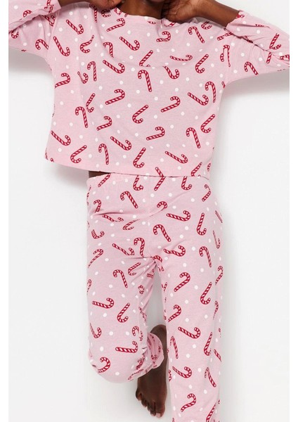 Tarz Rahat Uzun Kollu Boru Paça %100 Pamuklu Yılbaşı Temalı Örme Pijama Takımı