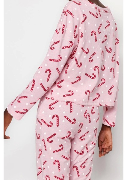 Tarz Rahat Uzun Kollu Boru Paça %100 Pamuklu Yılbaşı Temalı Örme Pijama Takımı