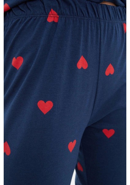 Tarz Rahat Uzun Kollu Boru Paça Pamuklu Kalp Desenli Örme Pijama Takımı