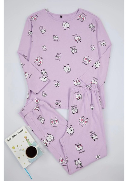 Tarz Rahat Uzun Kollu Boru Paça Pamuklu Göz Desenli T-Shirt-Jogger Örme Pijama Takımı