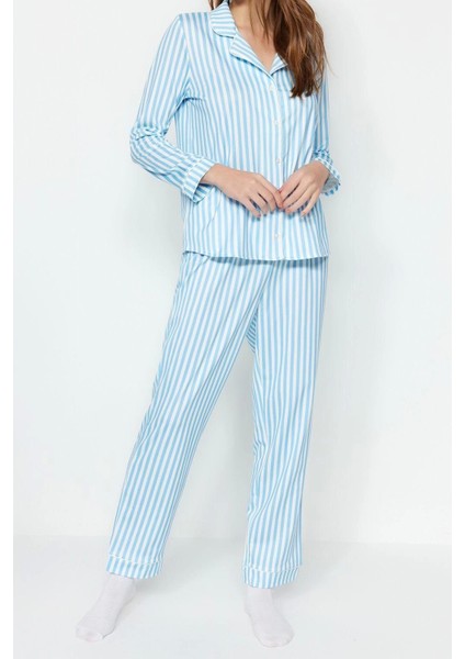 Tarz Rahat Uzun Kollu Boru Paça Çizgili Biyeli Içi Polarlı Gömlek-Pantolon Örme Pijama Takımı modelleri