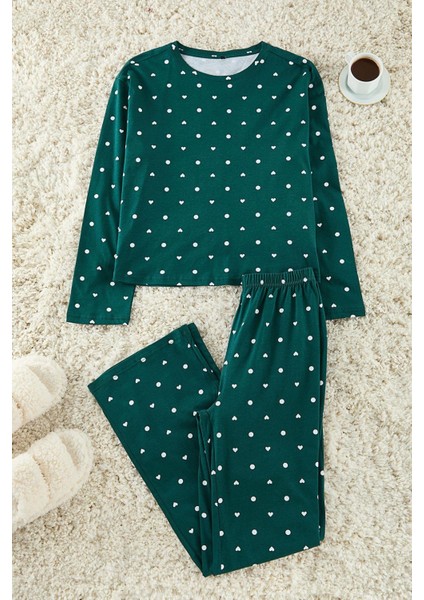 Tarz Rahat Uzun Kollu Boru Paça %100 Pamuklu Puantiye ve Kalp Desenli Örme Pijama Takımı