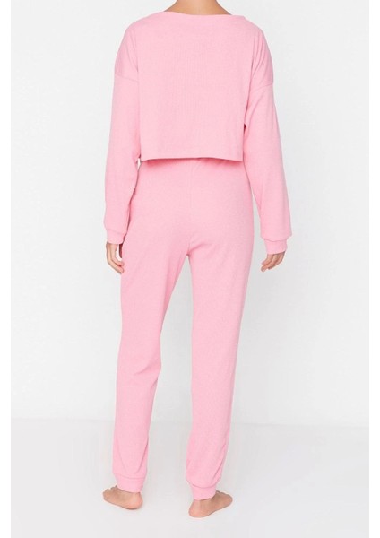 Tarz Rahat Uzun Kollu Boru Paça Fitilli Pamuklu Nakışlı Örme Pijama Takımı indirimleri