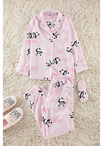 Tarz Rahat Uzun Kollu Boru Paça Panda Desenli Uyku Bantlı Polar Kışlık Örme Pijama Takımı