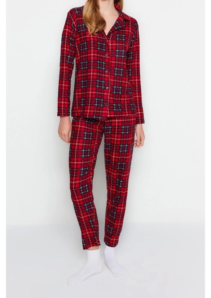 Tarz Rahat Uzun Kollu Boru Paça Ekoseli Yumuşak Hissiyatlı Fırçalı Kumaş Uyku Bantlı Pijama Takımı