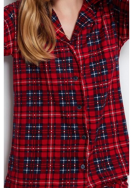 Tarz Rahat Uzun Kollu Boru Paça Ekoseli Yumuşak Hissiyatlı Fırçalı Kumaş Uyku Bantlı Pijama Takımı