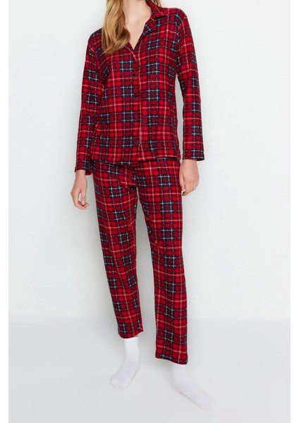 Tarz Rahat Uzun Kollu Boru Paça Ekoseli Yumuşak Hissiyatlı Fırçalı Kumaş Uyku Bantlı Pijama Takımı