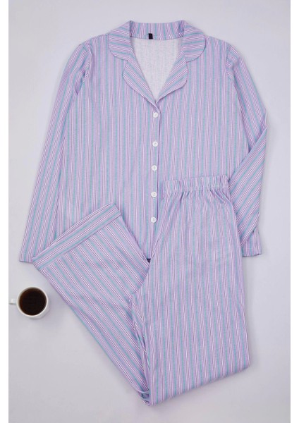 Tarz Rahat Uzun Kollu Boru Paça Pembe %100 Pamuklu Çizgili Gömlek-Pantolon Örme Pijama Takımı