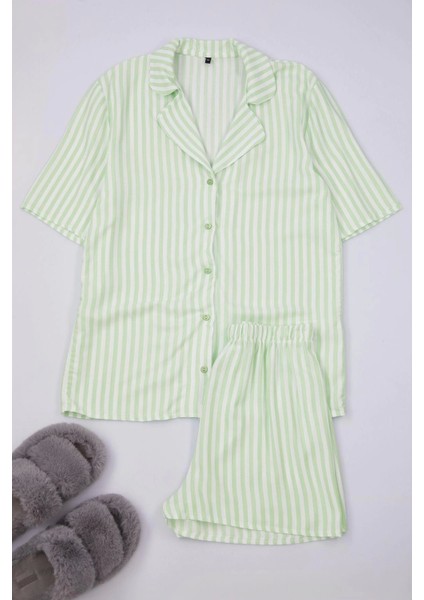 Tarz Rahat Kısa Kollu Boru Paça Çizgili Viskon Üstü Geniş Kalıp Dokuma Pijama Takımı