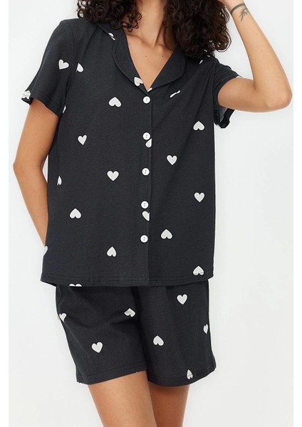Tarz Rahat Kısa Kollu Boru Paça Pamuklu Kalp Desenli Örme Pijama Takımı