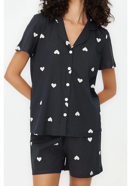 Tarz Rahat Kısa Kollu Boru Paça Pamuklu Kalp Desenli Örme Pijama Takımı