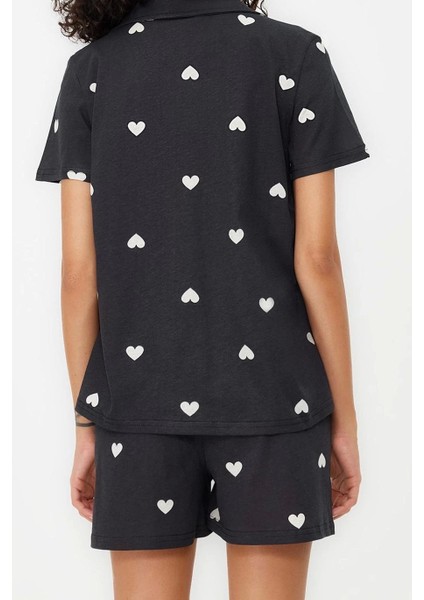 Tarz Rahat Kısa Kollu Boru Paça Pamuklu Kalp Desenli Örme Pijama Takımı