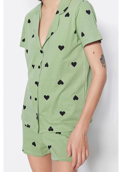 Tarz Rahat Kısa Kollu Boru Paça Pamuklu Kalp Desenli Örme Pijama Takımı