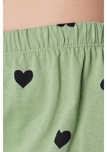Tarz Rahat Kısa Kollu Boru Paça Pamuklu Kalp Desenli Örme Pijama Takımı