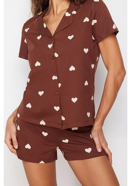 Tarz Rahat Kısa Kollu Boru Paça Pamuklu Kalp Desenli Örme Pijama Takımı