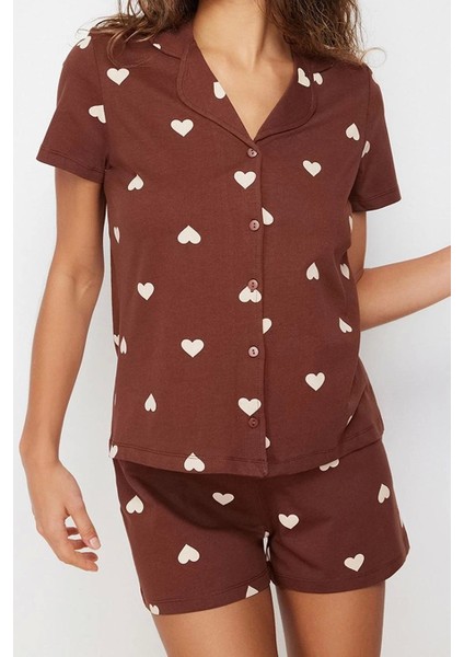 Tarz Rahat Kısa Kollu Boru Paça Pamuklu Kalp Desenli Örme Pijama Takımı