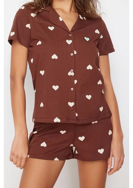 Tarz Rahat Kısa Kollu Boru Paça Pamuklu Kalp Desenli Örme Pijama Takımı