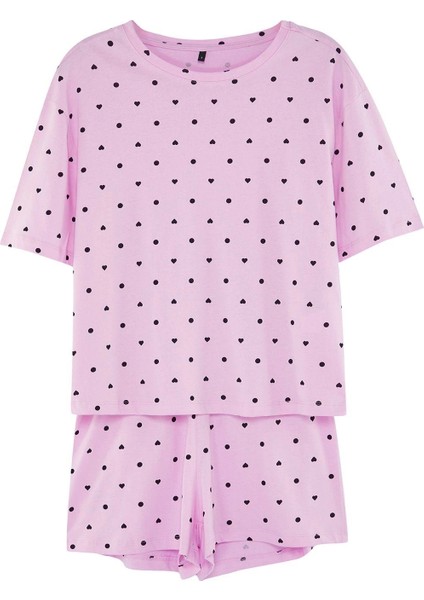 Tarz Rahat Kısa Kollu Boru Paça Pamuklu Kalp Desenli T-Shirt-Şort Örme Pijama Takımı