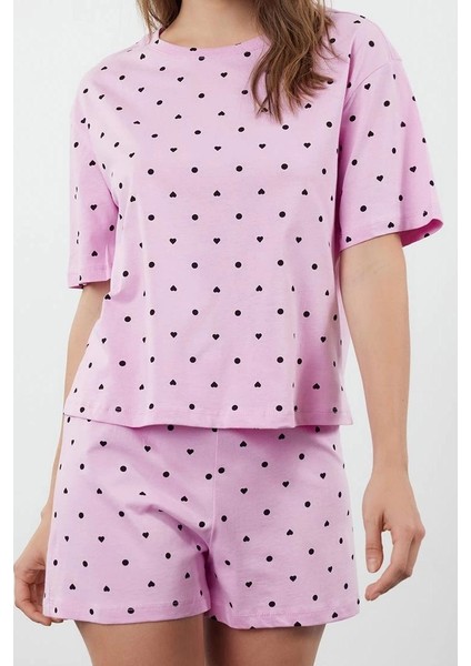 Tarz Rahat Kısa Kollu Boru Paça Pamuklu Kalp Desenli T-Shirt-Şort Örme Pijama Takımı fiyatları