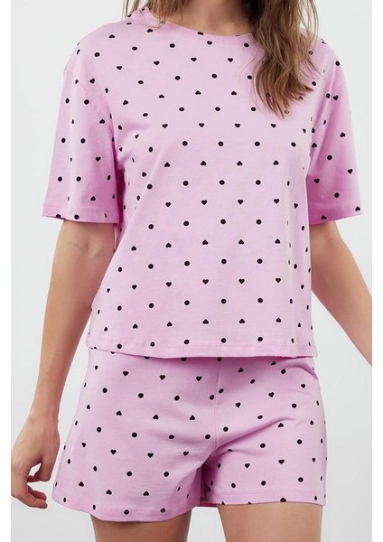 Tarz Rahat Kısa Kollu Boru Paça Pamuklu Kalp Desenli T-Shirt-Şort Örme Pijama Takımı modelleri
