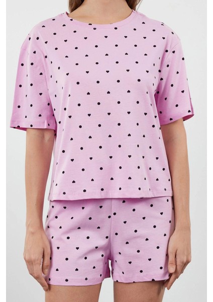 Tarz Rahat Kısa Kollu Boru Paça Pamuklu Kalp Desenli T-Shirt-Şort Örme Pijama Takımı fırsatları