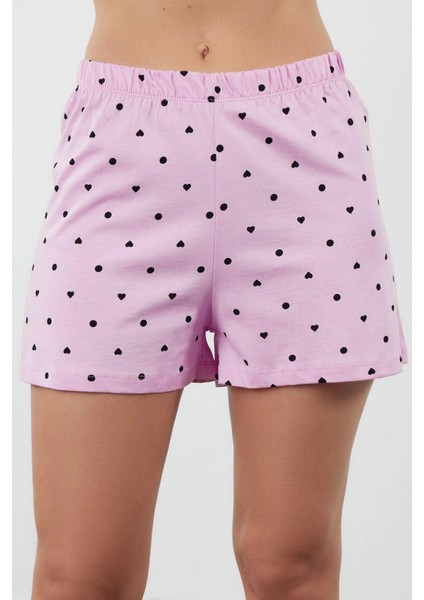 Tarz Rahat Kısa Kollu Boru Paça Pamuklu Kalp Desenli T-Shirt-Şort Örme Pijama Takımı indirimleri