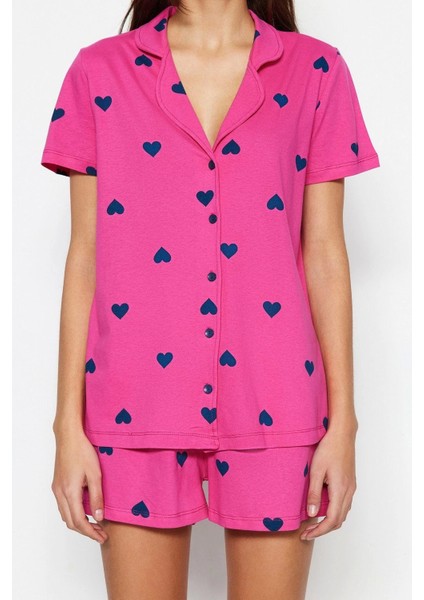 Tarz Rahat Kısa Kollu Boru Paça %100 Pamuklu Kalp Desenli Örme Pijama Takımı