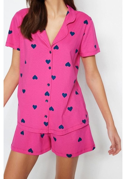 Tarz Rahat Kısa Kollu Boru Paça %100 Pamuklu Kalp Desenli Örme Pijama Takımı