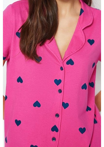 Tarz Rahat Kısa Kollu Boru Paça %100 Pamuklu Kalp Desenli Örme Pijama Takımı
