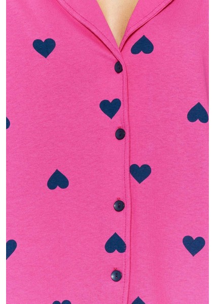 Tarz Rahat Kısa Kollu Boru Paça %100 Pamuklu Kalp Desenli Örme Pijama Takımı