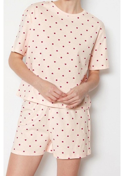 Tarz Rahat Kısa Kollu Boru Paça Pamuklu Kalp Desenli T-Shirt-Şort Örme Pijama Takımı