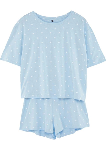 Tarz Rahat Kısa Kollu Boru Paça %100 Pamuklu Kalp Desenli T-Shirt-Şort Örme Pijama Takımı