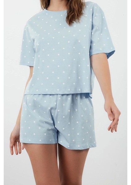 Tarz Rahat Kısa Kollu Boru Paça %100 Pamuklu Kalp Desenli T-Shirt-Şort Örme Pijama Takımı