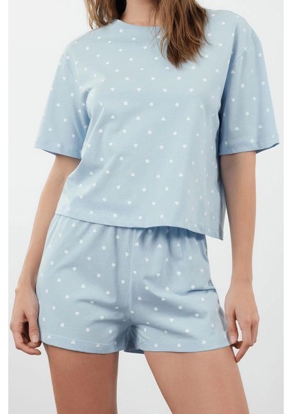 Tarz Rahat Kısa Kollu Boru Paça %100 Pamuklu Kalp Desenli T-Shirt-Şort Örme Pijama Takımı