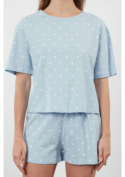 Tarz Rahat Kısa Kollu Boru Paça %100 Pamuklu Kalp Desenli T-Shirt-Şort Örme Pijama Takımı