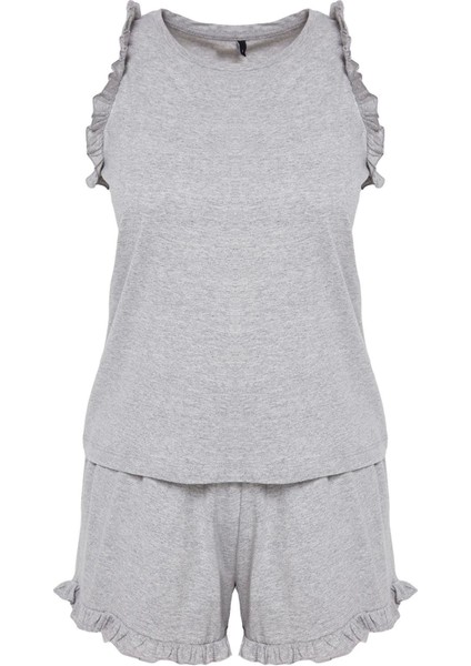 Tarz Rahat Kolsuz Kol Boru Paça %100 Pamuklu Fırfır Detaylı Örme Pijama Takımı