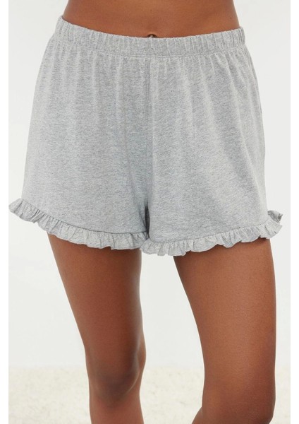 Tarz Rahat Kolsuz Kol Boru Paça %100 Pamuklu Fırfır Detaylı Örme Pijama Takımı