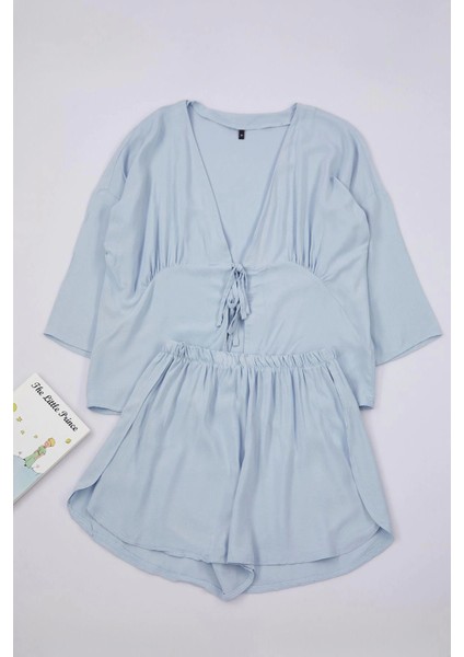 Tarz Rahat Uzun Kollu Boru Paça Desenli Bağlama Kurdeleli Viskon Dokuma Pijama Takımı