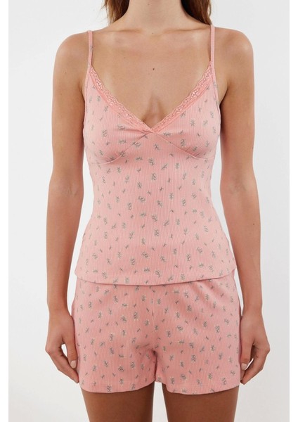 Tarz Rahat Kolsuz Kol Boru Paça Pamuklu Kalpli Dantel Detaylı Ip Fitilli Örme Pijama Takımı
