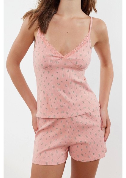 Tarz Rahat Kolsuz Kol Boru Paça Pamuklu Kalpli Dantel Detaylı Ip Fitilli Örme Pijama Takımı